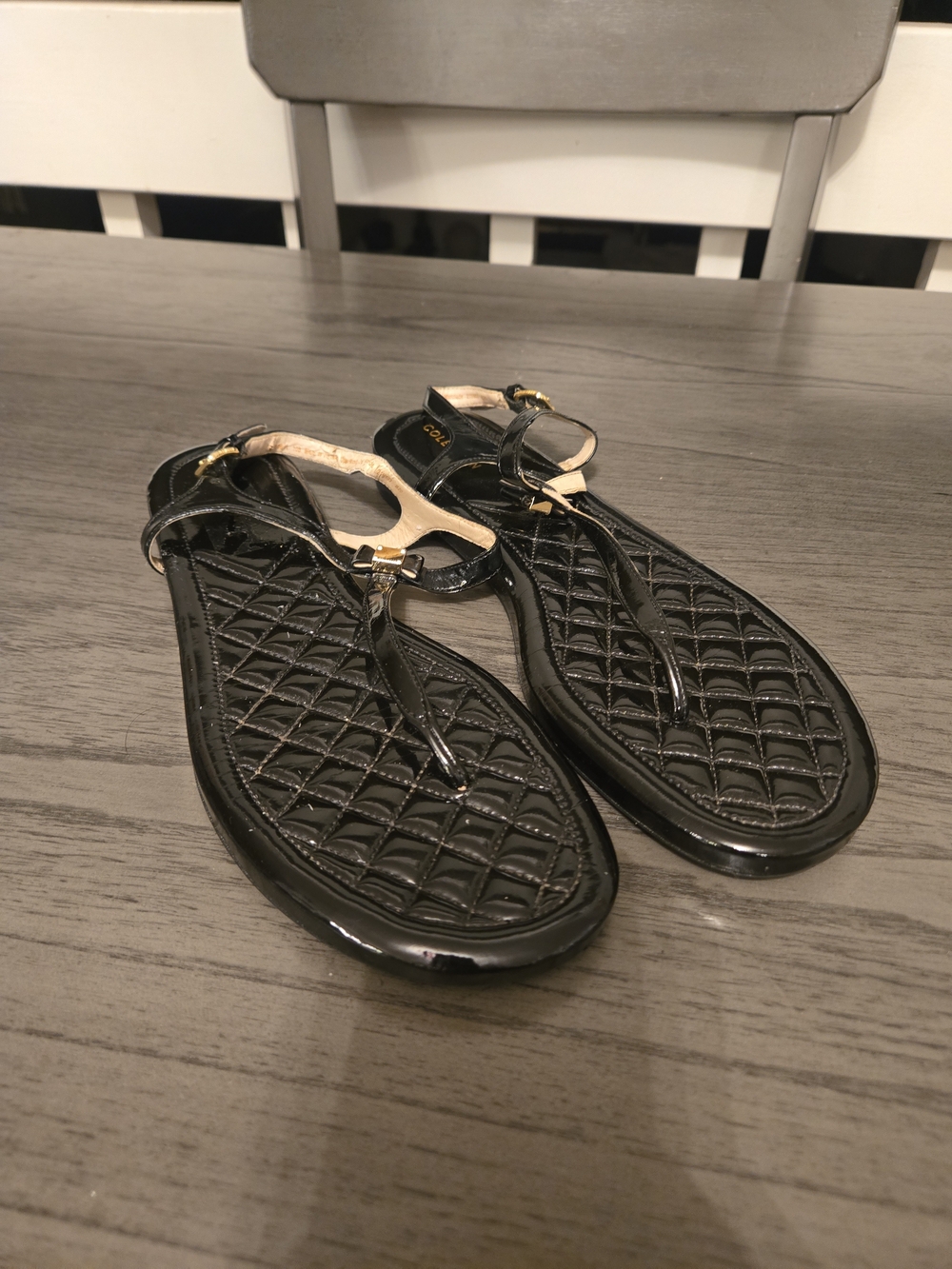 Cole Haan Black Quilted Patent T-Strap Sandals with Gold Accents